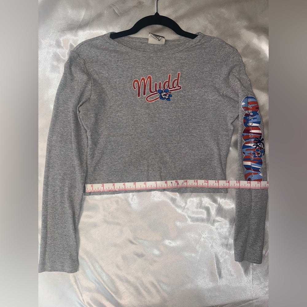 Mudd Gray Long Sleeve Crop Top with Red and Blue Accents